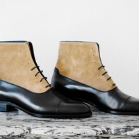 Men Two Tone Boots Men Tan And Black Lace Up Boot Men Ankle Leather cap toe Boot - Thumbnail 1