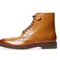 Handmade Men Tan color wing tip brogue marching boots, Men ankle leather boots - Thumbnail 1