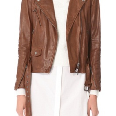 Women's brown biker leather jacket with zipper embellishment - Thumbnail 5