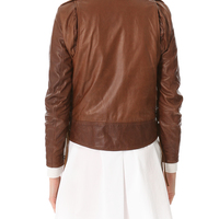 Women's Brown Biker Leather Jacket with Zipper Embellishment - Thumbnail 1