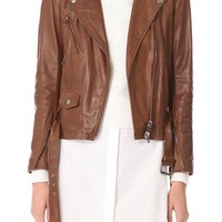 Women's Brown Biker Leather Jacket with Zipper Embellishment - Thumbnail 4