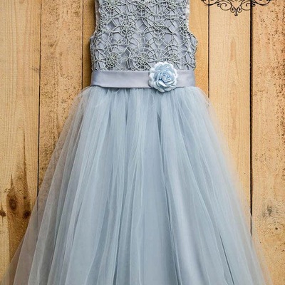 Ice blue tulle flower girl dresses waist with handmade flowers - Thumbnail 4