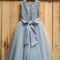 Ice Blue Tulle Flower Girl Dresses Waist with Handmade Flowers - Thumbnail 1