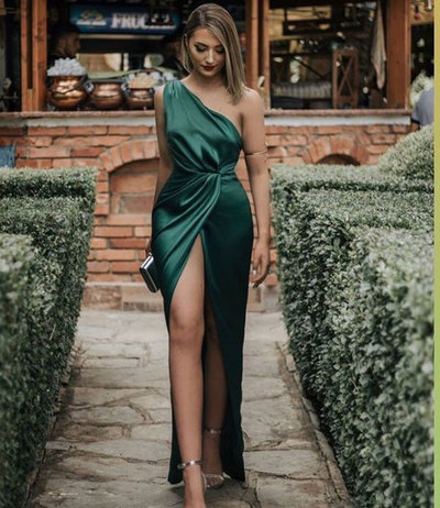 One Shoulder Slit Side Dark Green Prom Dresses Under 100