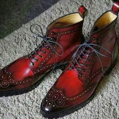 Handmade burgundy color leather boot, men's ankle high wing tip brogue lace up dress boot - Thumbnail 2