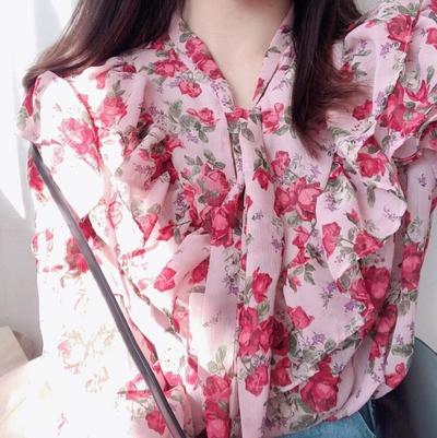 Sweet Flower Flounce Chiffon Blouse Women Shirt