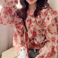 Sweet Flower Flounce Chiffon Blouse Women Shirt - Thumbnail 1