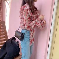 Sweet Flower Flounce Chiffon Blouse Women Shirt - Thumbnail 3