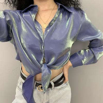Hologram reflective pastel blue lace up blouse shirt
