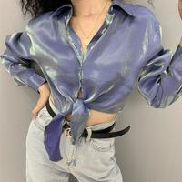 Hologram Reflective Pastel Blue Lace up Blouse Shirt - Thumbnail 1