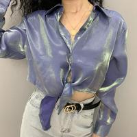 Hologram Reflective Pastel Blue Lace up Blouse Shirt - Thumbnail 2