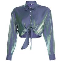 Hologram Reflective Pastel Blue Lace up Blouse Shirt - Thumbnail 3