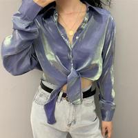 Hologram Reflective Pastel Blue Lace up Blouse Shirt - Thumbnail 4