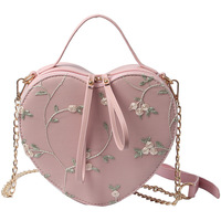 Pink Aesthetic Lace Flower Embroidered Heart-shaped Handbag with zipper closure and chain bag - Thumbnail 4