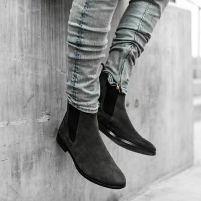 Handmade men charcoal color suede chelsea boots, men suede ankle high boots - Thumbnail 5