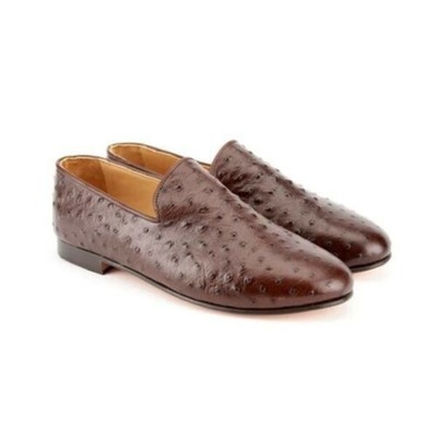 Handmade Brown Ostrich Leather Stylish Loafer Shoes for Men's