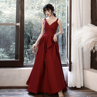 Burgundy satin long prom dress formal dress - Thumbnail 1