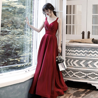 Burgundy satin long prom dress formal dress - Thumbnail 2