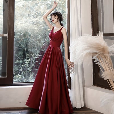 Burgundy satin long prom dress formal dress - Thumbnail 4