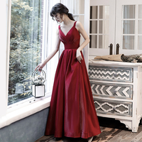 Burgundy satin long prom dress formal dress - Thumbnail 3