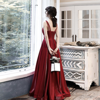 Burgundy satin long prom dress formal dress - Thumbnail 4