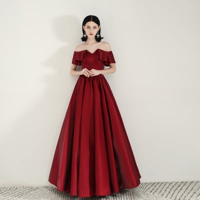 Burgundy satin long prom dress evening dress - Thumbnail 5