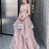 Pink v neck lace tulle long pron dress - Thumbnail 1