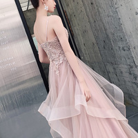 Pink v neck lace tulle long pron dress - Thumbnail 3