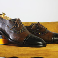 Handmade Brown Cap Toe Shoes Stylish Leather Lace Up Shoes For Men's - Thumbnail 2