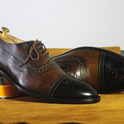 Handmade brown cap toe shoes stylish leather lace up shoes for men's - Thumbnail 2