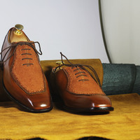 Handmade Brown Square Toe Shoes Stylish Leather Lace Up Shoes For Men's - Thumbnail 1