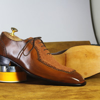 Handmade Brown Square Toe Shoes Stylish Leather Lace Up Shoes For Men's - Thumbnail 2