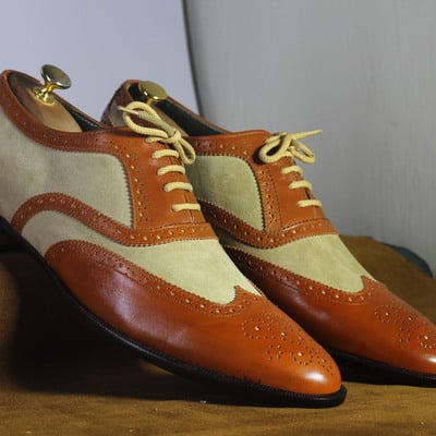  handmade white & brown wing tip shoes stylish leather lace up shoes for men's - Thumbnail 2