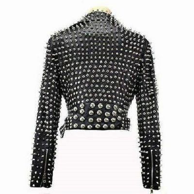 WOMENS FASHION JACKET HAND FIXED SPIKED SILVER STUDDED REAL LEATHER BIKER JACKET