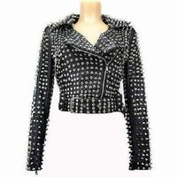 WOMENS FASHION JACKET HAND FIXED SPIKED SILVER STUDDED REAL LEATHER BIKER JACKET - Thumbnail 4