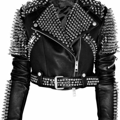 Woman black biker leather jacket silver spiked studded brando style jaclet