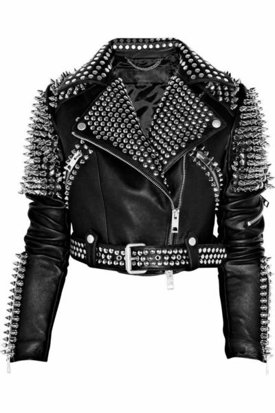 Woman Black Biker Leather Jacket Silver Spiked Studded Brando Style Jaclet