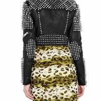 Woman Black Biker Leather Jacket Silver Spiked Studded Brando Style Jaclet - Thumbnail 1