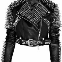 Woman Black Biker Leather Jacket Silver Spiked Studded Brando Style Jaclet - Thumbnail 4