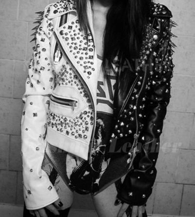 New Women Black White Full Silver Long Spiked Studded Punk Biker Leather Jacket