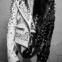 New Women Black White Full Silver Long Spiked Studded Punk Biker Leather Jacket - Thumbnail 1