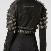 New Women Punk Black Full Silver Spiked Studded Cowhide Biker Leather Jacket - Thumbnail 1