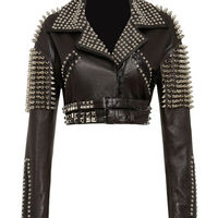 New Women Punk Black Full Silver Spiked Studded Cowhide Biker Leather Jacket - Thumbnail 4