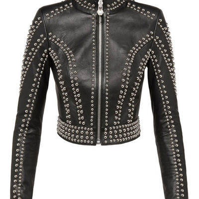 New women black silver studded punk vintage biker brando style leather jacket