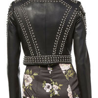 New Women Black Silver Studded Punk Vintage Biker Brando Style Leather Jacket - Thumbnail 1
