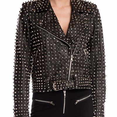New woman punk brando style full silver studded cowhide leather jacket xs to 6xl