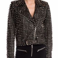 New Woman Punk Brando Style Full Silver Studded Cowhide Leather Jacket XS TO 6XL - Thumbnail 1