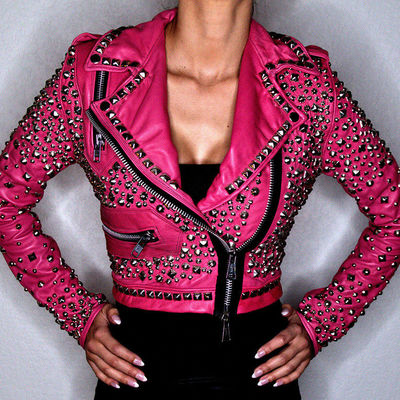 New woman punk full silver studded brando pink cowhide leather jacket xs to 6xl