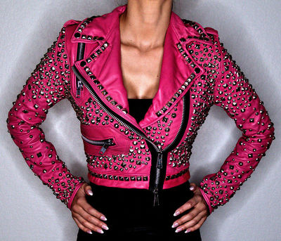 New Woman punk Full Silver Studded Brando Pink Cowhide Leather Jacket XS TO 6XL