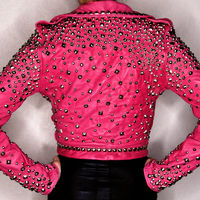 New Woman punk Full Silver Studded Brando Pink Cowhide Leather Jacket XS TO 6XL - Thumbnail 3